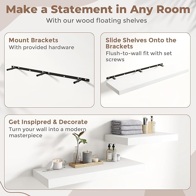 72 Inch Long Floating Shelves for Wall Set of 2, 12"D Wood Grain Bathroom Shelves with Invisible Brackets, Easy Install Engineered Wood Storage Shelves for Kitchen, Living Room, Bedroom, White Finish