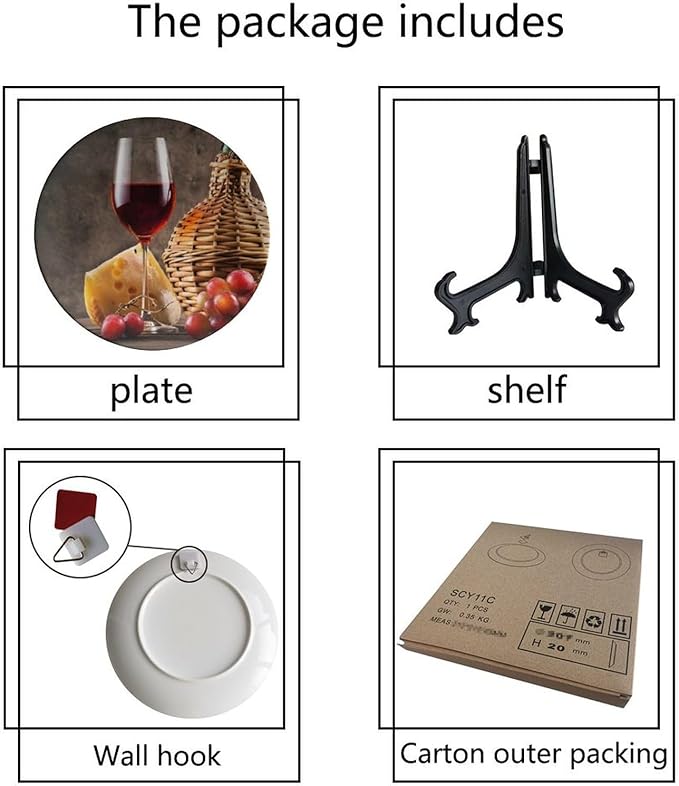 WineDecorative Plate Holder, 6 Inch, Cheese Grapes and Wineort Round Display Plate, Home Wobble-Plate with Display Stand, Ceramic Craft for Wall Hanging Decorative