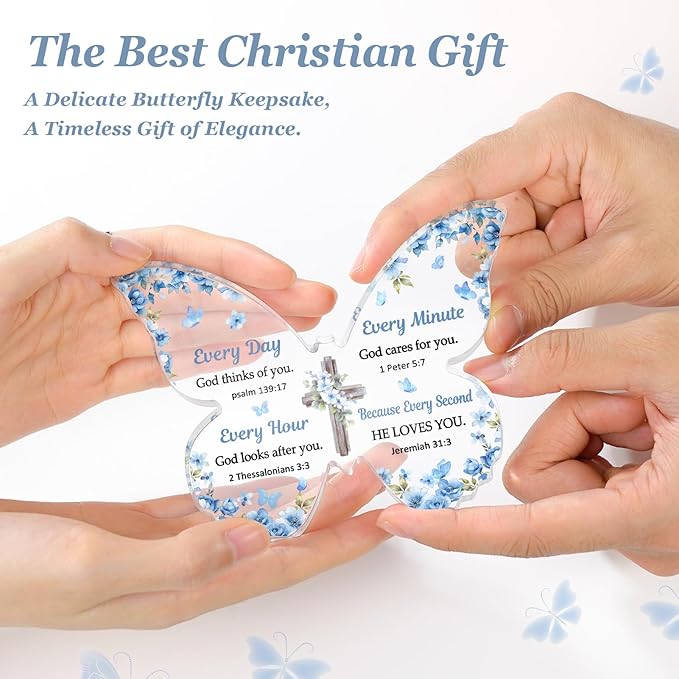 Christian Gifts for Women Faith, Butterfly Acrylic Plaque Sign, Religious Gifts for Women on Mothers Day Birthday Christmas, Spiritual Present for Female Friend Family, 5x3.8x0.5 Inch - Blue