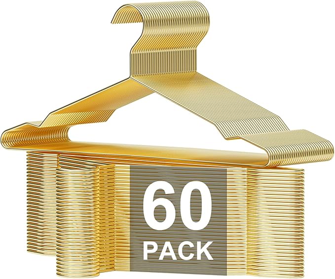 SPECILITE Metal Wire Clothes Hangers Bulk 60 Pack with Notches for Standard Size Coats, Shirts, Suits, Pants, Heavy Duty, Space-Saving, Gold