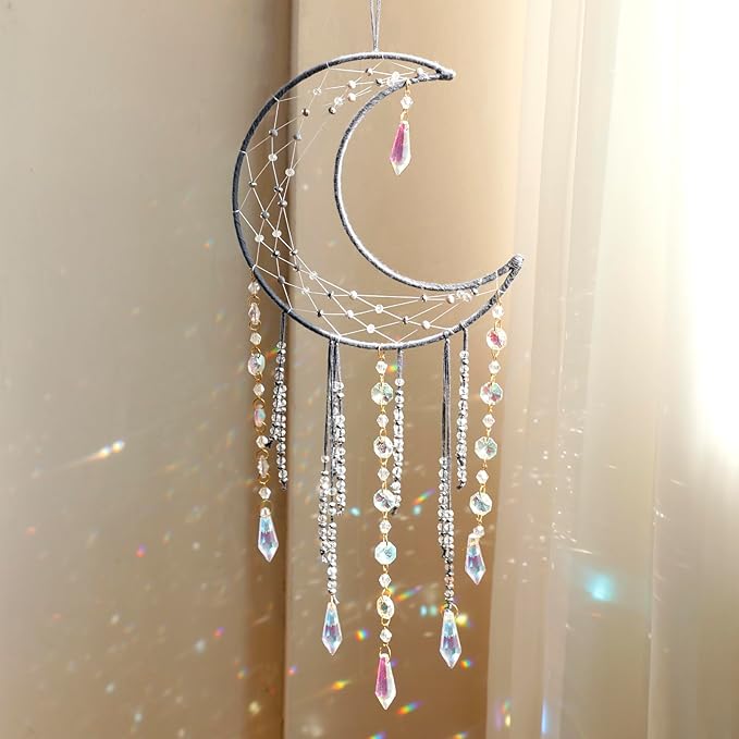 Artilady Dream Catchers with Crystals - Large Grey Boho Moon Dream Catcher Wall Decor House Decorations for Home Girls Kids Baby Bedroom Room Decor Christmas Birthday Teen Girl Boys Gifts