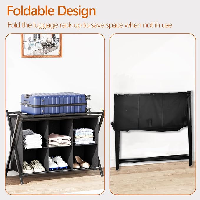 Luggage Rack for Guest Room, Folding Suitcase Stand with 6-Cube Fabric Storage Shelf, Luggage Holder, Steel Foldable Luggage Stand for Guest Room, Bedroom, Hotel, Black