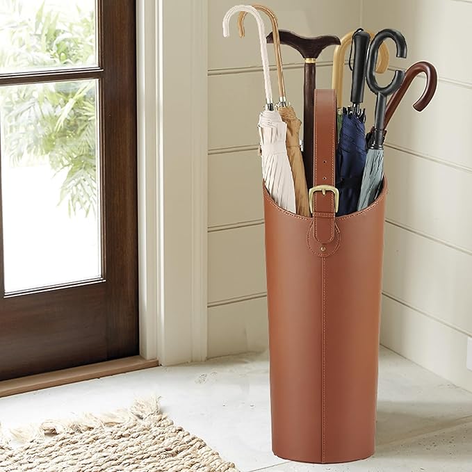 Indoor Entryway leather Umbrella bucket，Large Capacity Umbrella Storage stand，tall umbrella holder,For Hotel,Offices,home,Commercial(Brown)