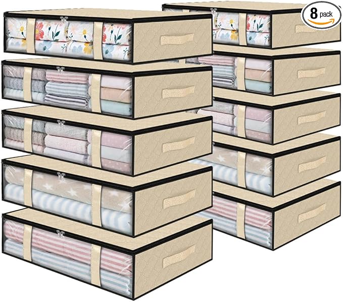 StorageRight Under Bed Storage Bags 8 Pack, 40L Large Clothes & Comforter Storage Containers with Clear Window, Breathable Fabric Organizer for Blankets, Bedding, Seasonal Clothing, Beige