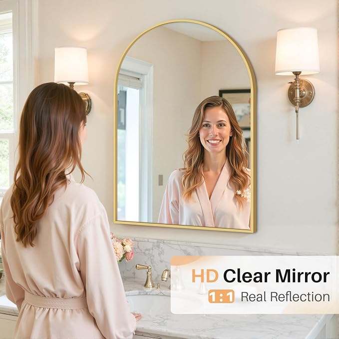 Bathroom Mirror for Wall, 30x20 Inch Arched Mirror, Matte Gold Metal Framed Bathroom Vanity Mirror for Restroom Farmhouse, Anti-Rust, Tempered Glass, Hanging or Leaning