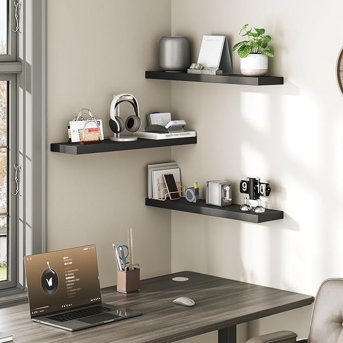RALGEND Floating Shelves for Wall, 1.5" Thick Wall Shelf Set of 3 with Invisible Brackets, 23.6L x 7.9W Hanging Book Shelves Farmhouse Home Decor for Bathroom, Living Room, Bedroom, Black 6301BJP3BK