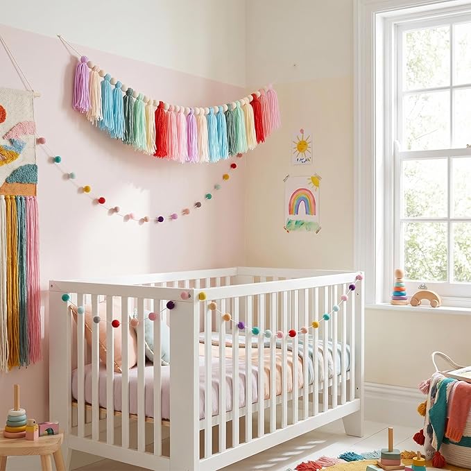 Avxdbr 2Pcs Boho Rainbow Tassel Garland Pom Pom Tassel Banner Colorful Wall Hanging Party Decorative Boho Classroom Decor for Back to School Wedding Birthday Baby Shower