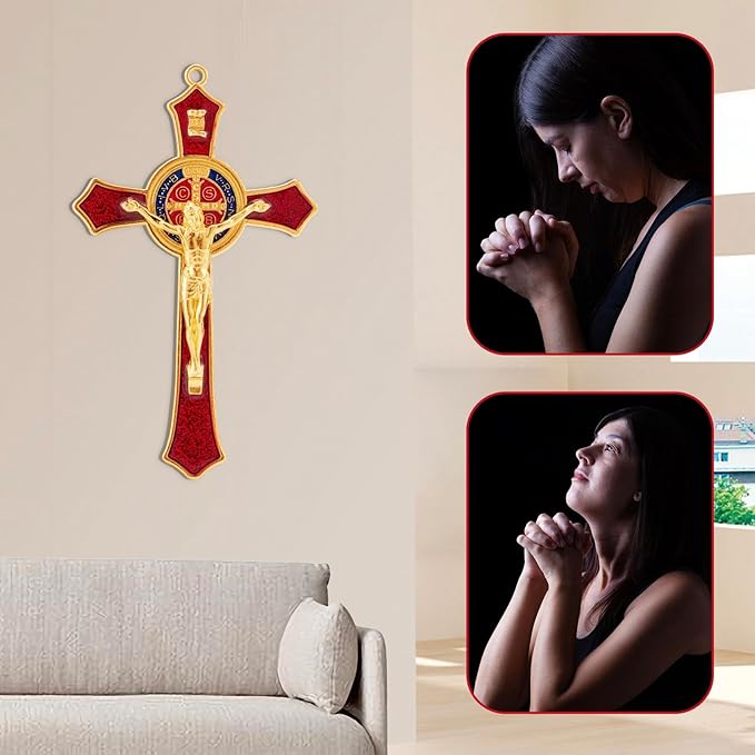 St Benedict Crucifix Red,Crucifix Wall Cross For Catholic Decor,Medalla De San Benito,Jesus Christ Hanging Cross Wall Decor,Crucifijo Del Perdon,Saint Benedict Medal Prayer For Home Decoration
