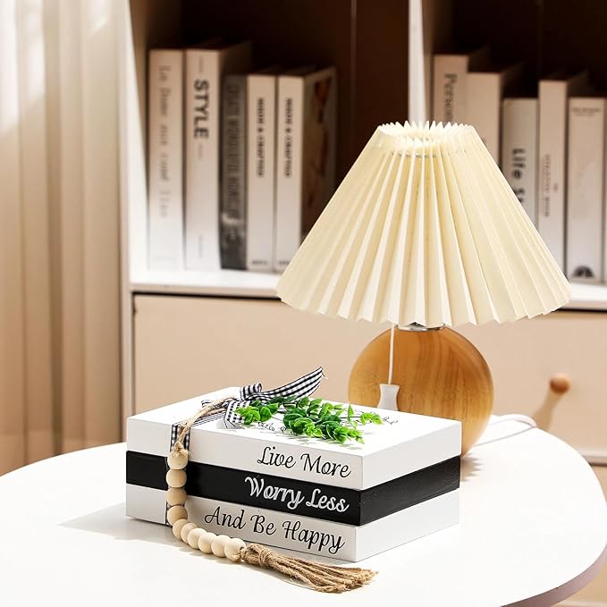 Capoda 3 Pcs Decorative Books for Home Decor Farmhouse Faux Stacked Books Wooden Rustic Table Decor with Bead Garland Twine Ribbon Faux Leaf for Table (Smile)