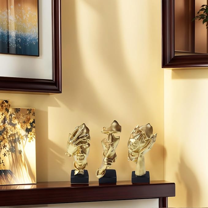 aboxoo Large Size 3 Pcs Thinker Statue, Silence is Gold, See No Evil Hear No Evil Speak No Evil Statues, Modern Resin Sculptures Decor for Living Room Home, Office, Study (Gold)
