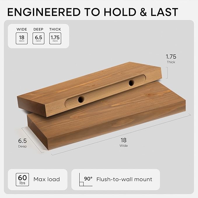 Homeforia 18 inch Golden Oak Floating Shelf, High End Solid Real Wood 18inch Small Floating Shelves for Wall Mounted, Oak Wooden 18in Floating Shelves, Heavy Duty Bracket, 18 X 6.5 X 1.75 in, Set of 2