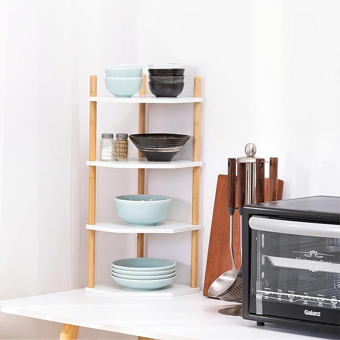 4-Tier Expandable Bamboo Corner Shelf - Dish/Plate Organizer for Cabinet, Kitchen Counter Shelf & Small Kitchen Shelf, Adjustable (White, 1-Pc 4-Tier)