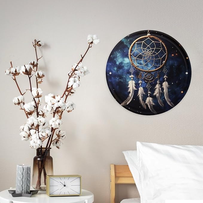 Wall Picture, with White Fantasy Dream Catcher Printed Circular Iron Hanging Picture,Wall Art Decor,Home for Bedroom Living Room Bathroom Decor,Iron Painting 11.8X11.8 in
