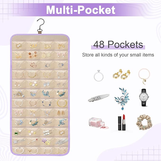 Dynoro Double-Sided Hanging Jewelry Organizer, Lavender Storage Roll for Earrings, Necklaces, Rings, 48 Pockets 21 Hooks, Durable Oxford Fabric for Closet, Wall, Door, 1 piece, Jewelry Not Included