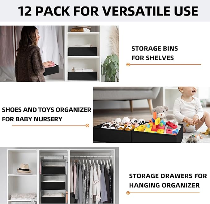 Criusia Drawer Organizer Clothes 12 Pack - Dresser Organizer Bins for Closet, Bedroom, Nursery Organization and Storage - Divider for Sock, Underwear, Bra, Baby Clothes, Small Toys