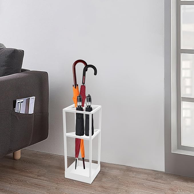 Umbrella Rack for Entryway, Modern Metal 20.87in Tall Freestanding Umbrella Holder with Built-in Shelf, Compact Storage for Long&Short Stick Rain Umbrellas and Walking Canes (White)
