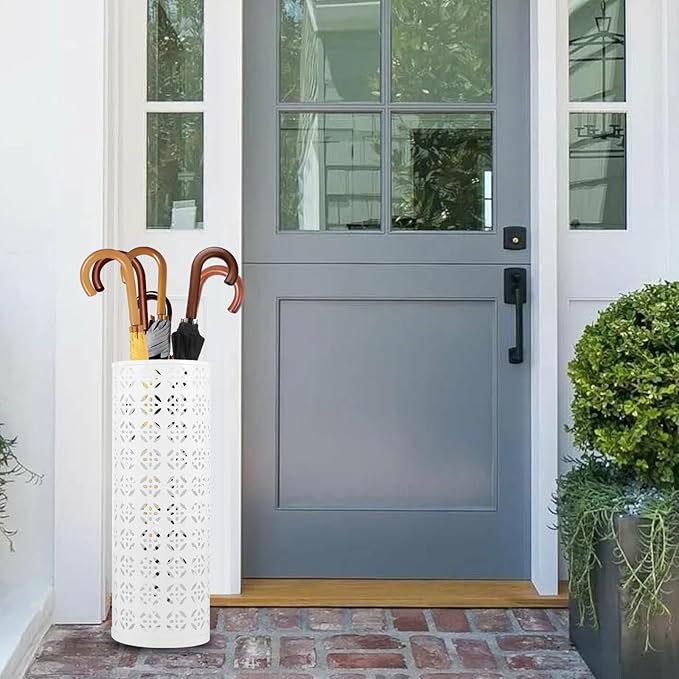 Metal Umbrella Stand - Round Storage Rack and Freestanding Organizer Bin for Home, Office, Hotel Entryway - 5.916.5" (White)