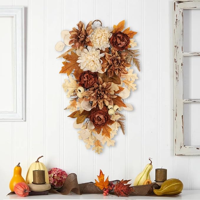 23.6 Inch Fall swags for Front Door Outside Autumn sway with Dahlia, Chrysanthemum, Rose, Berries & Leaves – Fall Door sway for Outdoor sways Indoor Thanksgiving Decor Champagne and Brown
