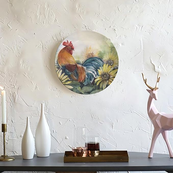 Rooster Decorative Ceramic Plates, 10 Inch, Sunflower Rooster Round Display Plate, Table Top Plate Decor with Stand, for Kitchen Party Coffee Table Decor Art