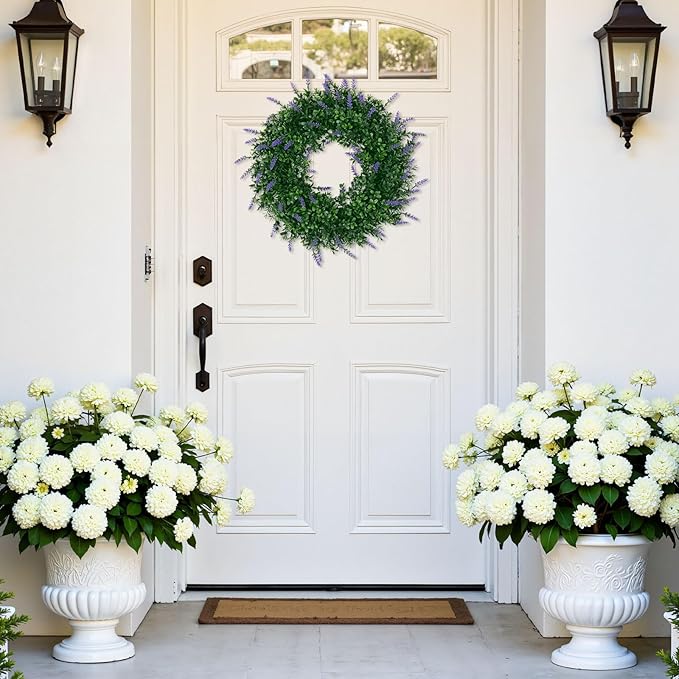 SHACOS Lavender Greenery Wreath 17" Artificial Boxwood Front Door Wreaths for Home Wall Window Farmhouse Decoration 100% Plastic Indoor Outdoor