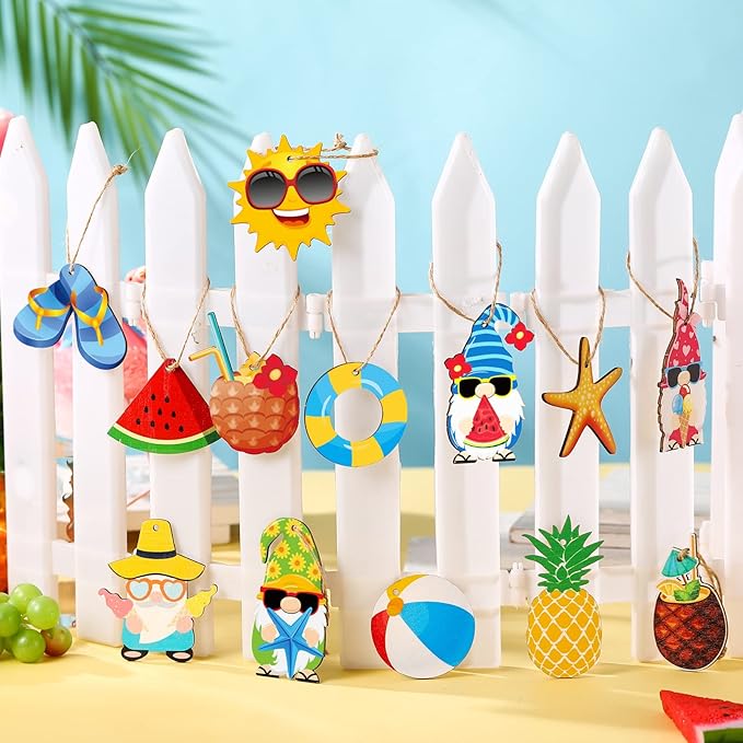 Geelin 36 Pcs Summer Wood Hanging Ornaments for Tree Mini Tree Decorations Hawaiian Beach Wooden Pendant Decorations with String for Luau Party Supplies(Gnome)