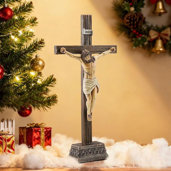Magicsculp 10.8" H Jesus Crucifix Statue - Resin Standing Wall Cross Decoration, Praying Religious Figurine Jesus Christ Catholic Display, Hanging or Tabletop with Stand for Home Decor