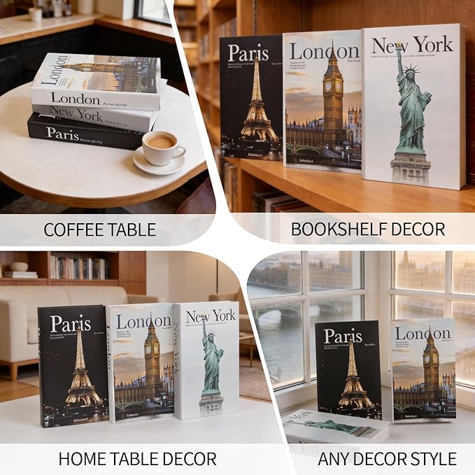 3 PCS Faux Decorative Books for Home Decor-Coffee Table Books Decor-Aesthetic Fake/Faux Books for Decoration,libros Decoration for Coffee Table, Shelf Accessories (3-Paris London New York Shipaitu)