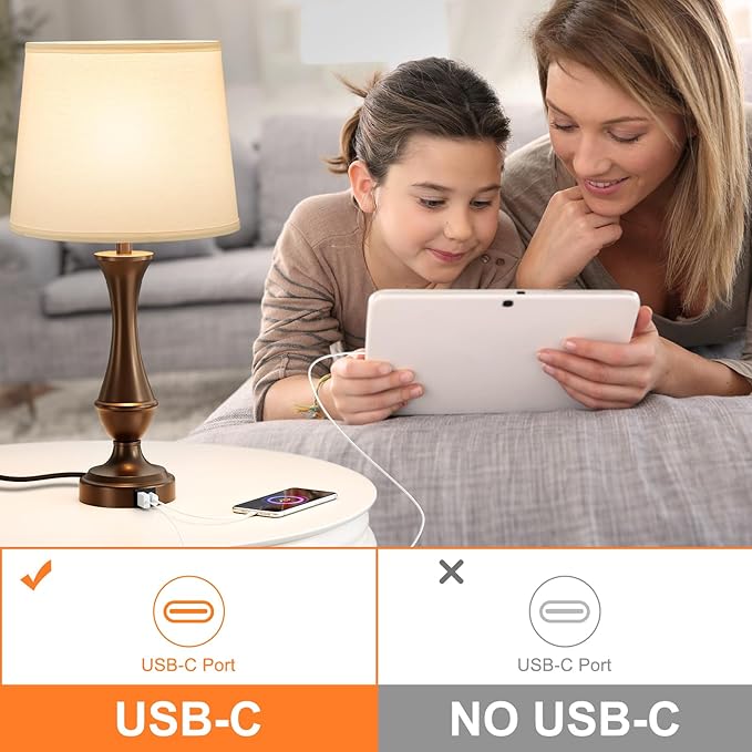 Seealle Upgraded Touch Lamps for Night Stands Set of 2 - Bedside Lamps with USB C+A, 3 Way Dimmable for Bedroom Living Room End Tables Office (White&Brown)