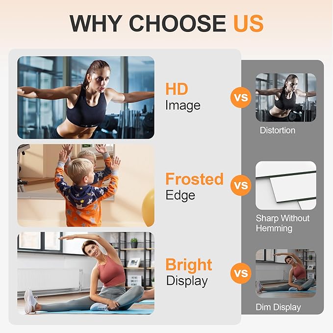 Hasipu Home Gym Mirror, 48"x24" Each, 4-Pack Frameless Wall Mounted Mirrors with Glass Clamps & 2 Aluminum Rail, Large Body Mirror for Home Gym, Yoga Studio, Bedroom, Silver Tempered Glass