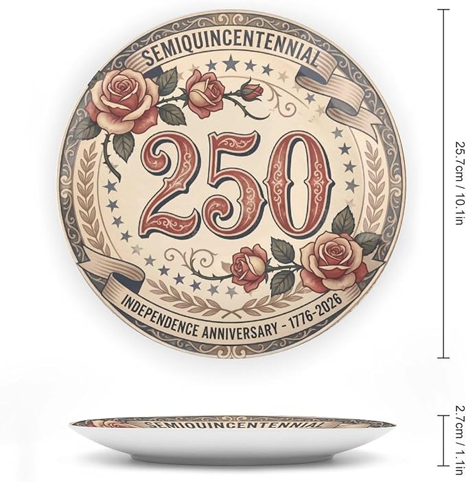 250th Anniversary Decorative Plates 10 Inch Vintage Floral Patriotic Decorations Commemorative Plates with Stand Semiquincentennial 4th of July Veterans Day Home & Office