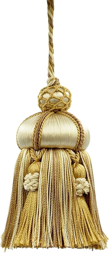 Elegant Hand-Crafted 4" (10cm) Key Tassel, 3 1/2" (8.5cm) Loop, Accented with Crown Tassels (KTAX4) Almond Beige Multicolor #LX01 (Gold Beige, Light Brown, White Ivory) Individually Sold