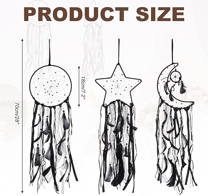 PATIKIL 28" Moon Sun Star Dream Catchers Set, Feather Handmade Dream Catchers Wall Hangings Art Decor for Home Wedding Bedroom Living Room Ornament,Black