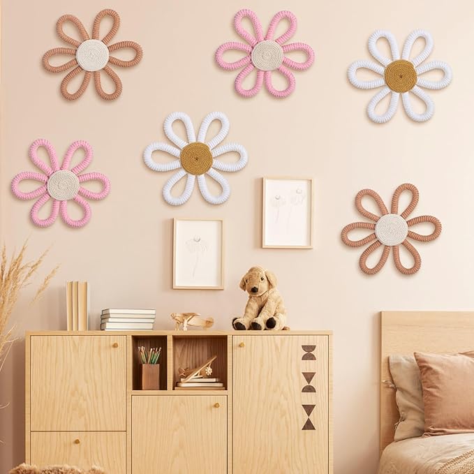 Zeyune 6 Pcs Boho Nursery Daisy Flower Wall Art Decor Woven Macrame Wall Pediments Boho Daisy Floral Nursery Art Decor for Home Bedroom Decorations(Classic Color,Yarn and Cotton Rope)