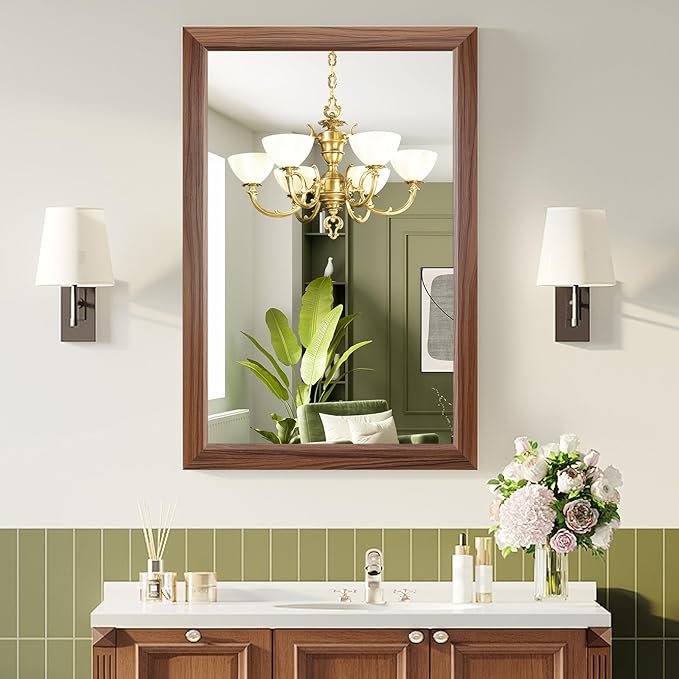 Bathroom Mirror for Over Sink,22x30Inch Thick Anti-Rust Wood Grain Metal Frame, Rectangle Decorative Wall Mirror with HD Tempered Glass, Horizontal or Vertical Mount for Vanity, Bathroom,Living Room