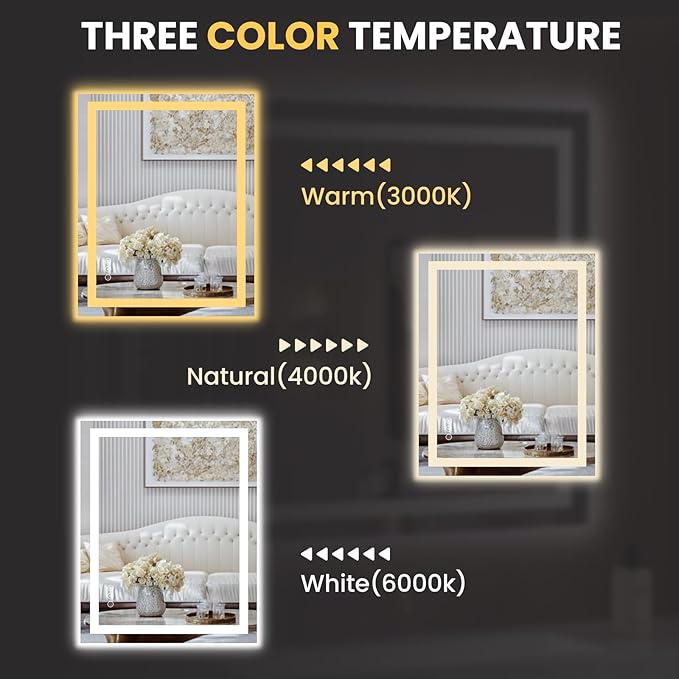 LOAAO 28X36 LED Bathroom Mirror with Lights, Anti-Fog, Dimmable, Backlit + Front Lit, Lighted Bathroom Vanity Mirror for Wall, Memory Function, Tempered Glass, Safe to Use, ETL Listed