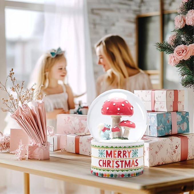 Vipush Christmas Snow Globe -Squirrels & Mushrooms Musical Snow Globe with Color Changing Led Lights, Christmas Decorations with Music Box Gifts for Girls Kids, Decorations for Christmas & Birthday