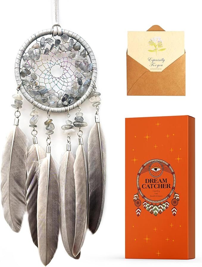 Car Rear View Mirrior Hanging Accessories Gray Dream Catcher Small, Crystals Stones Feather Pendant Interior Rearview Mirror Decoration