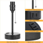 Dicoool Black Bedroom Lamp 3 Color Temperatures - Small Bedside Lamps with USB C and A Ports, Pull Chain Table Lamps with AC Outlet, Black Nightstand Light for Kids Sleeping