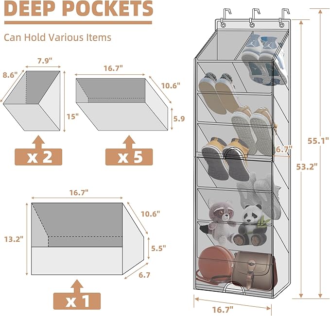 STORAGE MANIAC Over the Door Shoe Organizer with Curtain Dustproof Heavy-Duty Large Deep Pocket Hanging Shoe Organizer for Closet Dorm & Narrow Door Storage Shoe Holder Shoe Rack, 7-Shelf Black 1 Pack