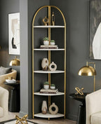 5 Tier Corner Shelf, Luxury Gold Corner Plant Stand with White Wood Shelves,Modern Metal Corner Bookshelf Display Rack,Premium Corner Storage Shelving Unit for Living Room,Bedroom,Bathroom