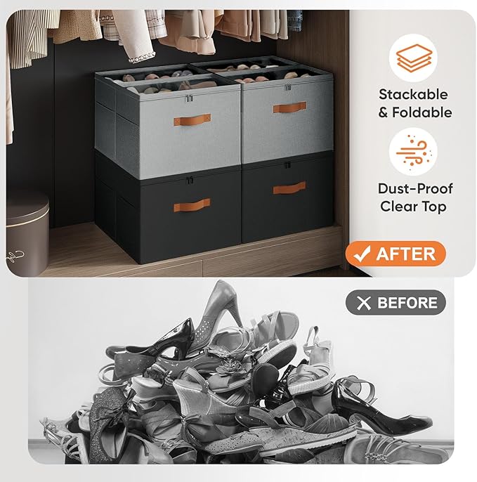 2 Pack Shoe Organizer for Closet,Foldable Shoe Storage Organizer with Adjustable Dividers, Shoe Storage Box with Clear Cover, Fits up to 16 Pairs,Black & Gray