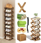 Foldable Shoe Rack, 2 - 9 Tier No-Tool Assembly Bamboo Organizer with Anti-Wobble X-Design for Small Spaces, Sturdy Vertical Storage Shelf for Entryway, Closet, Apartment & Dorm (Yellow,6 Layers)