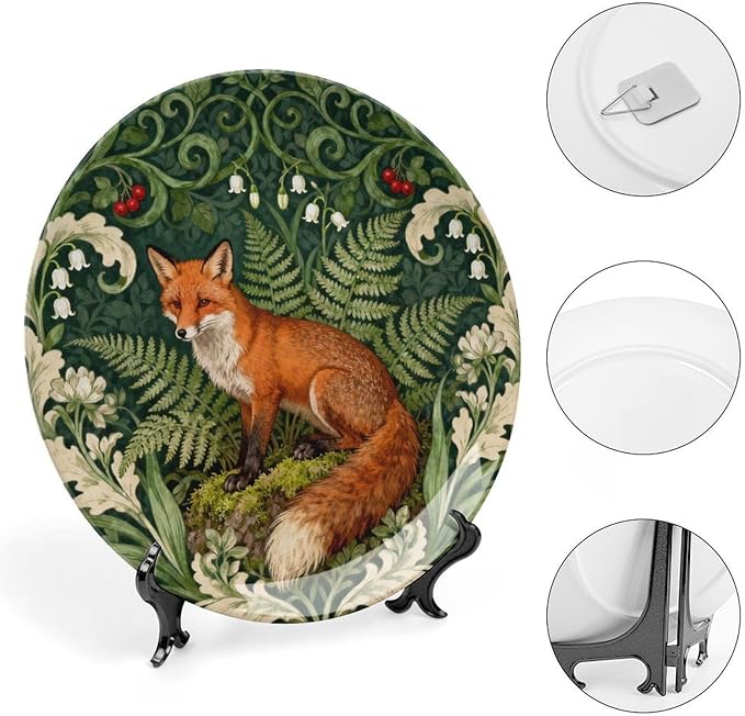 Christmas Plates Ceramic for Display Art Nouveau William Morris Fox in Floral Jungle Wedding Club Supplies Ceramic Ornaments Dessert Plates with Display Stand Custom Gifts for Women, 6", 7", 8", 10"