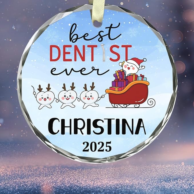 BSQUIELE Personalized Best Dentist Ever Glass Ornament 2025 - Custom Name Orthodontist Keepsake - Gift for Dental Assistant Hygienist - Unique Xmas Tree Hanging Decoration for Dental Professionals
