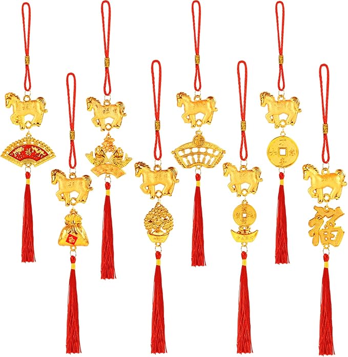 8 Pcs Chinese New Year Horse Decorations Lunar New Year 2026 Red Tassel Ornaments with Wealth Success Good Luck Hanging Decorations for Gifts Home Car Decor