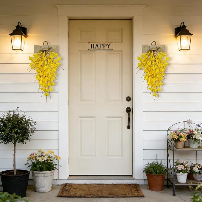 Forsythia Teardrop Swag 18 Inch, 2Pcs Artificial Spring Summer Floral Swags, Flower Hanging Swag for Window Wall Wedding Party Home Decor (Yellow)