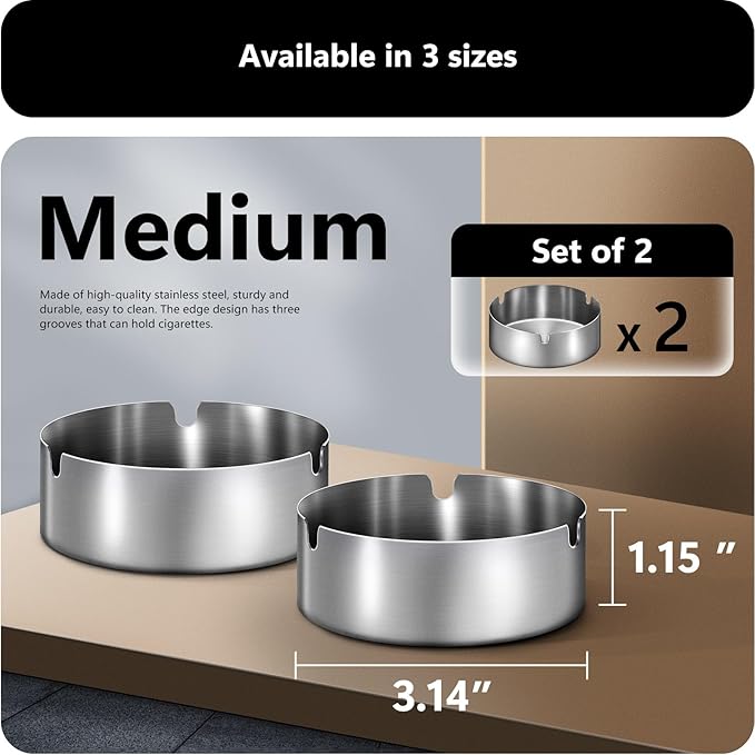 roygra Ash Tray (2 Pack), Outdoor Ashtray for Outside Patio, Stainless Steel Ashtrays for Cigarettes with 3 Holder, Smoking Accessories, Home Décor, Ashtrays for Smokers Indoor - Black, Medium