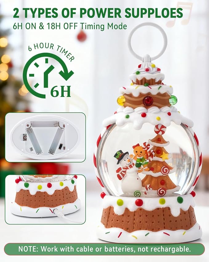 Gingerbread Snowman Christmas Tree Snow Globe - Lighted Gingerbread Snow Globe with Swirling Glitter and LED Lights, Hand Painted Christmas Decoration Playing 8 Holiday Songs, Xmas Gift for Adults