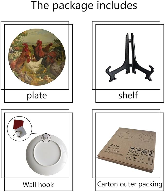 Rooster Decorative Plate Holder, 8 Inch, Rooster Hen Chick White Chicken Gathering Round Display Plate, Decorative Plates with Stand, for Home Kitchen Bedroom Decorative Ornaments