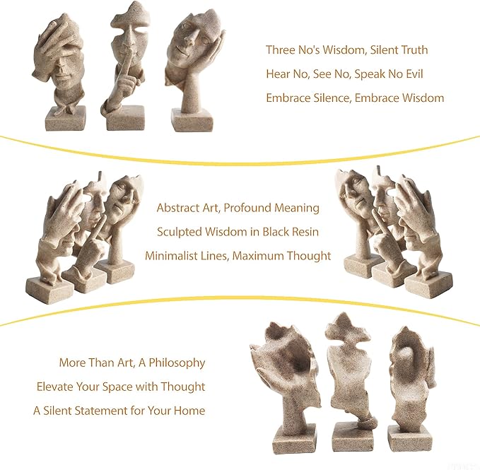 aboxoo Large Size 3 Pcs Thinker Statue, Silence is Gold, See No Evil Hear No Evil Speak No Evil Statues, Modern Resin Sculptures Decor for Living Room, Home, Office Study (Sandy)